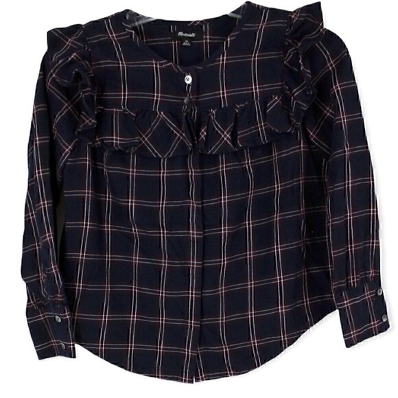 Madewell XS Plaid Ruffle Yoke Top Button Down Blouse Navy Maroon - Picture 1 of 7